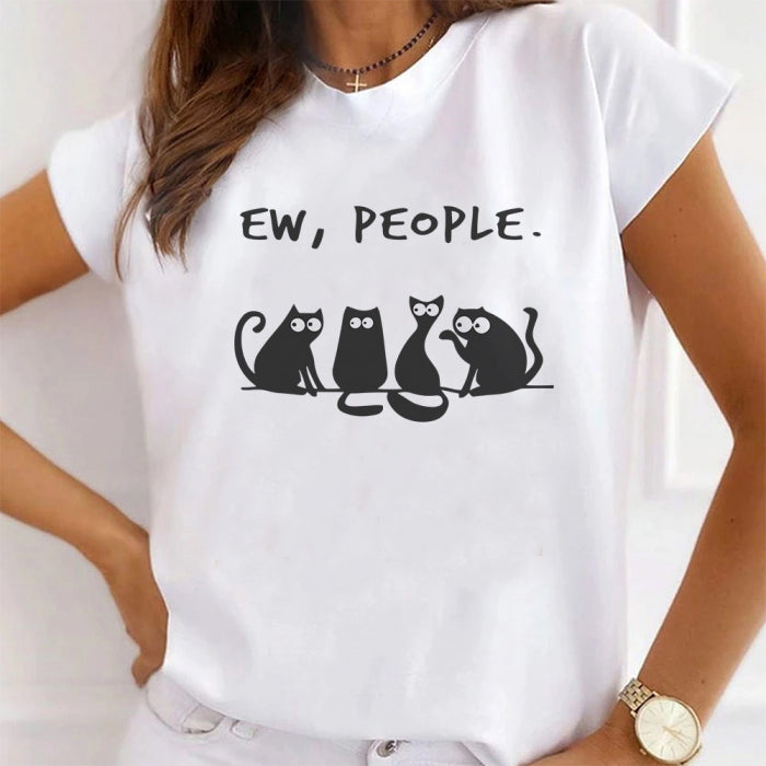 EW, OAMENI! Tricou alb cu grafică pisică