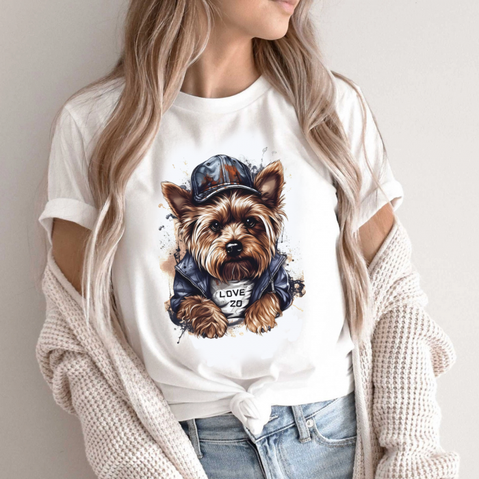 Tricou grafic Yorkie alb elegant