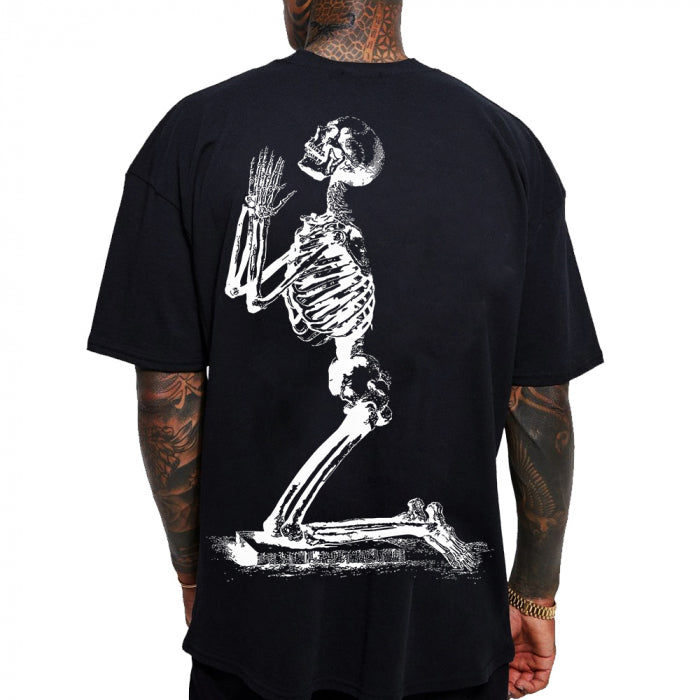 Praying Skeleton T-Shirt: Bold Style With A Touch Of Dark Humor