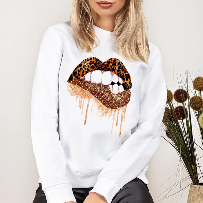 Leopard Print Lips Glitter White Sweatshirt