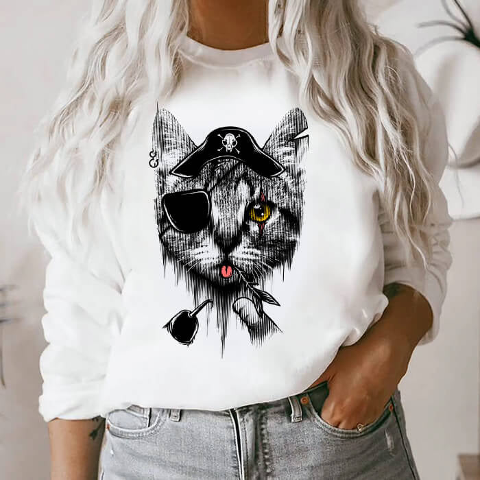 Pirate Cat Graphic Print White T-Shirt