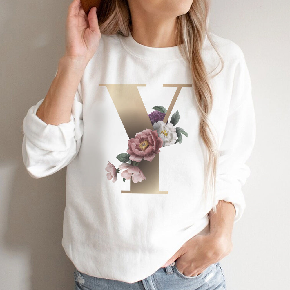 Elegant Floral Monogram White Sweatshirt