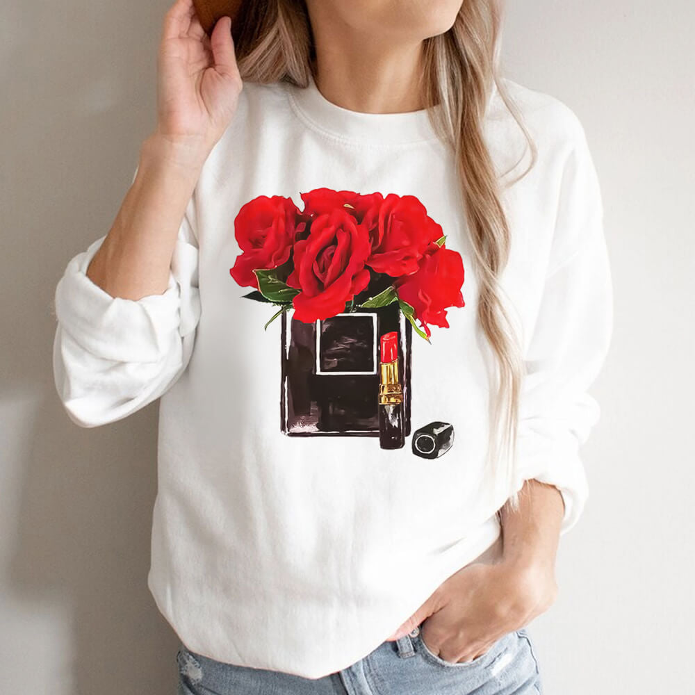 White Long-Sleeved Rose Graphic T-Shirt