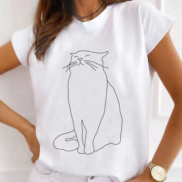 White Line Art Cat T-Shirt