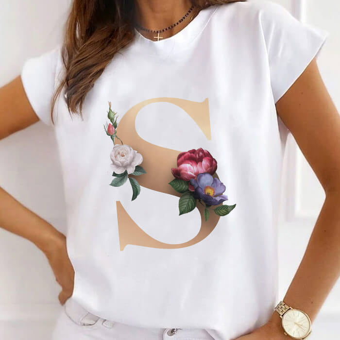 Stylish White Floral Initial "S" T-Shirt