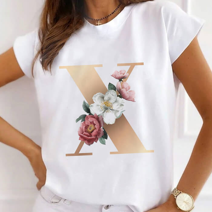 White Floral Print T-Shirt With Gold X