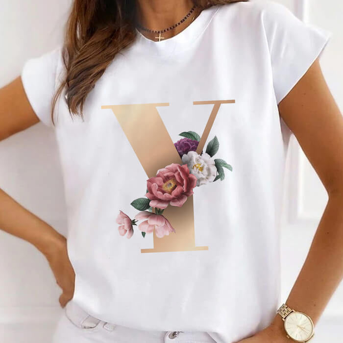 Elegant Floral Monogram "Y" White T-Shirt