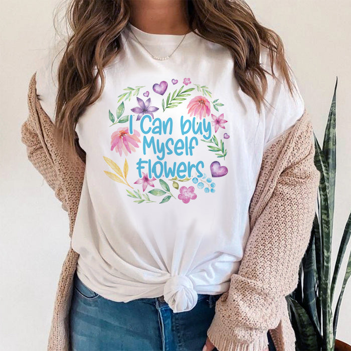 Tricou din bumbac organic „I Can Buy Myself Flowers”.