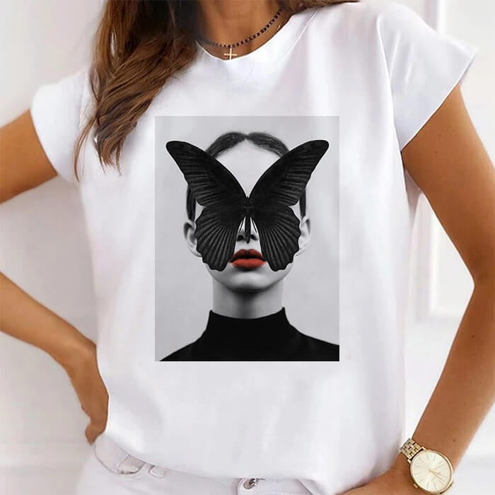 Black Butterfly Print T-Shirt