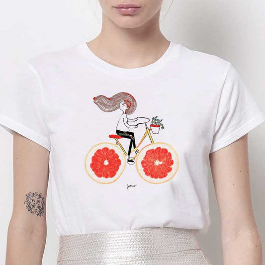 Tricou Dama Alb Bicycle Orange Girl