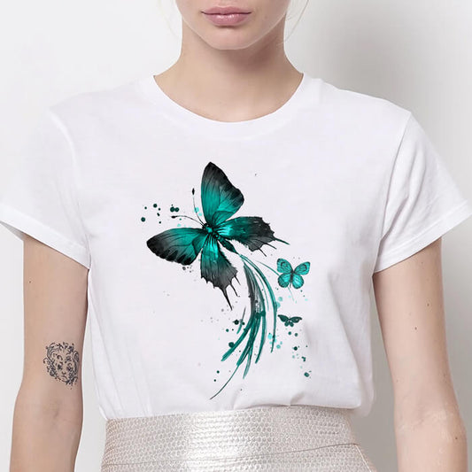 Tricou Dama Alb Emerald Butterflies
