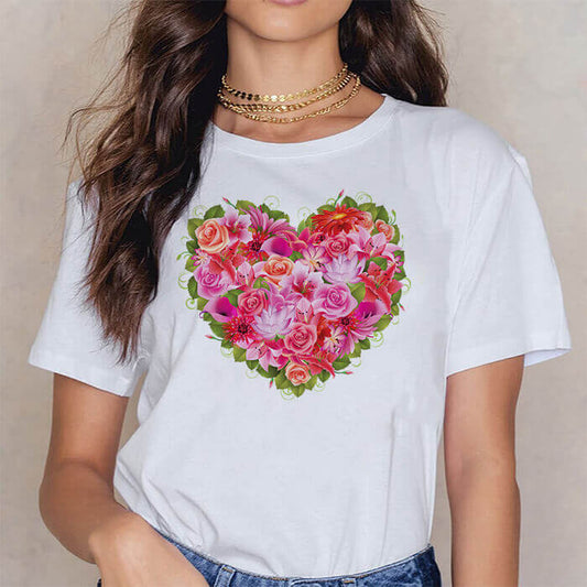 Tricou Dama Alb Red And Pink Flowers Heart