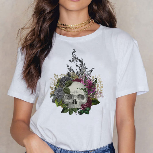 Tricou Dama Alb Skull Of Flowers