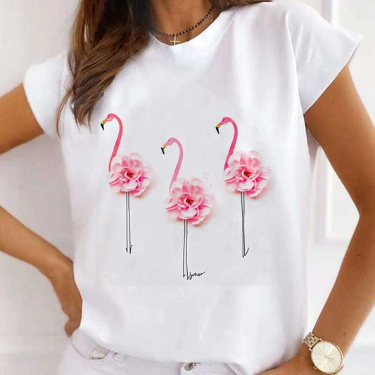 Tricou Dama Alb Flamingo Flowers