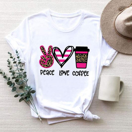 Tricou Dama Alb Peace Love Coffee (Pink)