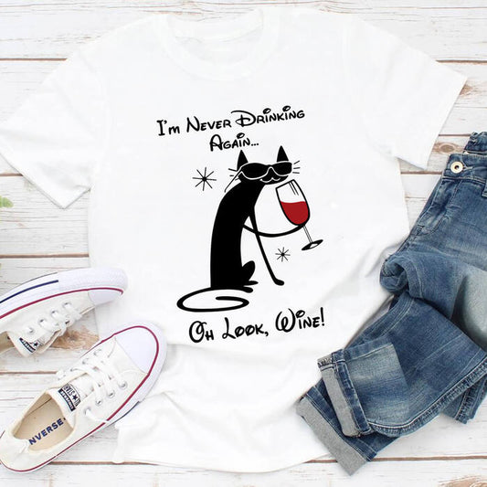 Tricou Dama Alb Wine Drinking Cat