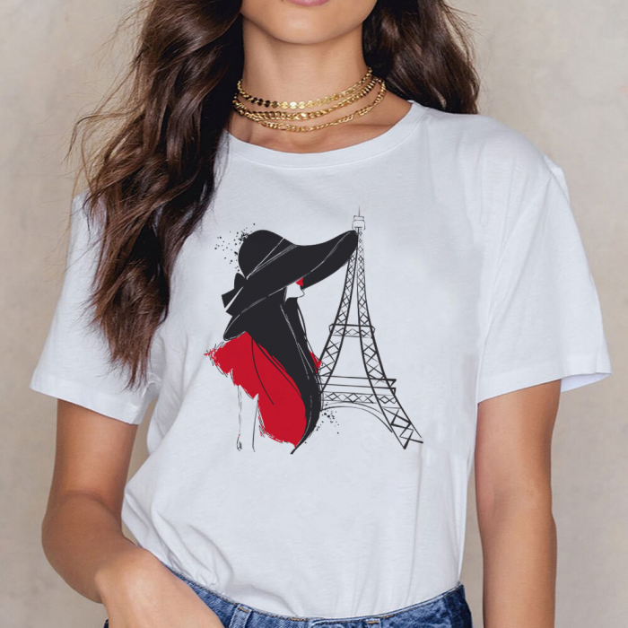 White Graphic T-Shirt With Eiffel Tower Design