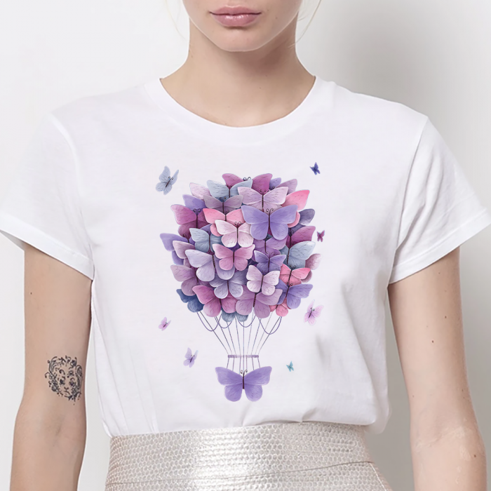 Tricou alb pentru femei cu balon capricios cu fluture