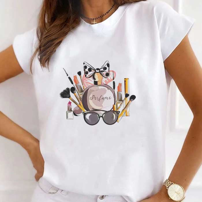 Tricou alb cu grafic machiaj elegant