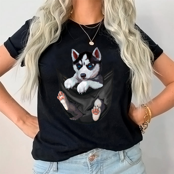 Embroidered Siberian Husky Puppy Black T-Shirt
