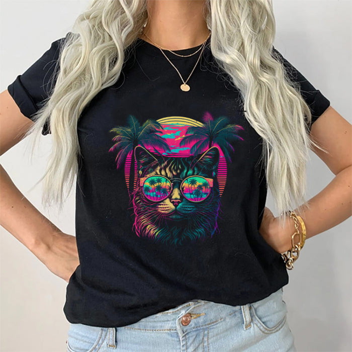 Black Cat Sunglasses Retro T-Shirt