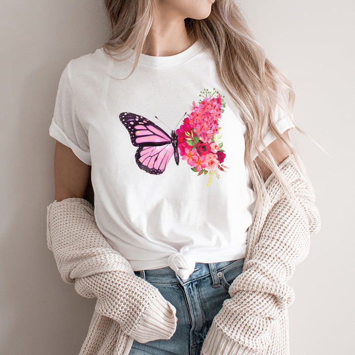 Pink Butterfly Floral White Fitted T-Shirt