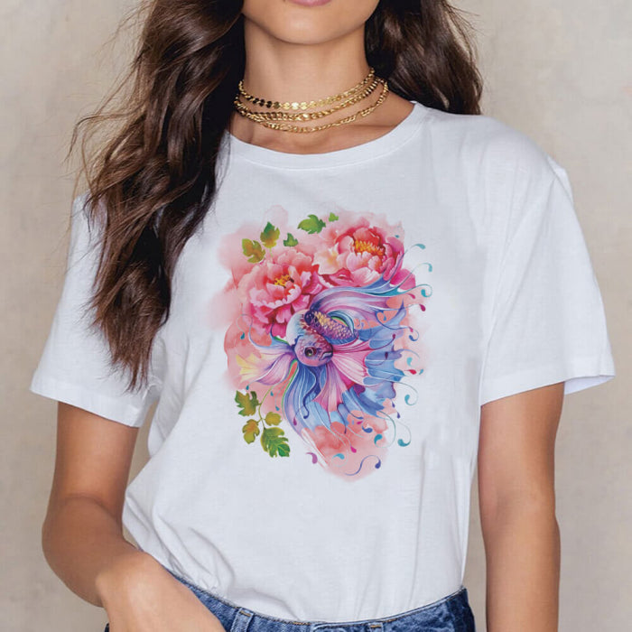 Tricou Dama Alb Fish Watercolor