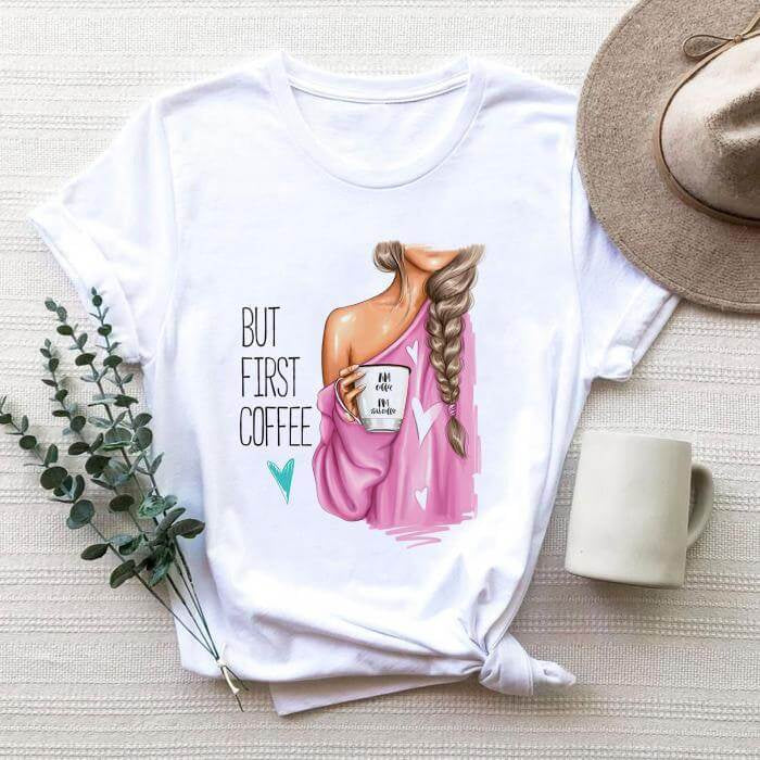 Tricou Dama Alb But First Coffee (Pink)