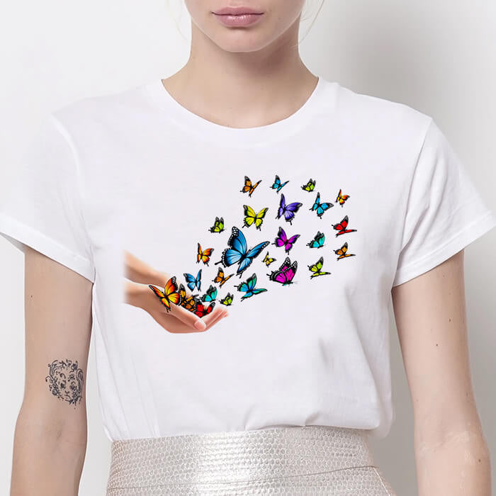 Tricou Dama Alb Colorful Butterflies