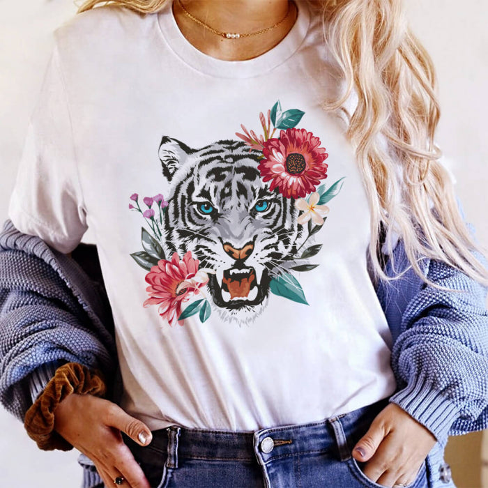 Tricou Dama Alb Flowers Tiger