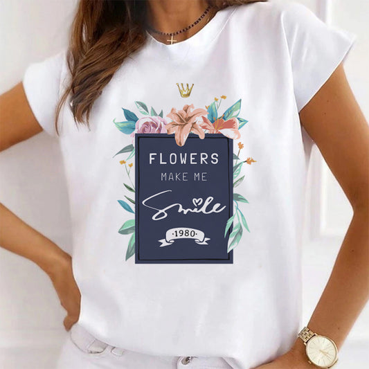 Tricou Dama Alb Flowers Make Me Smile