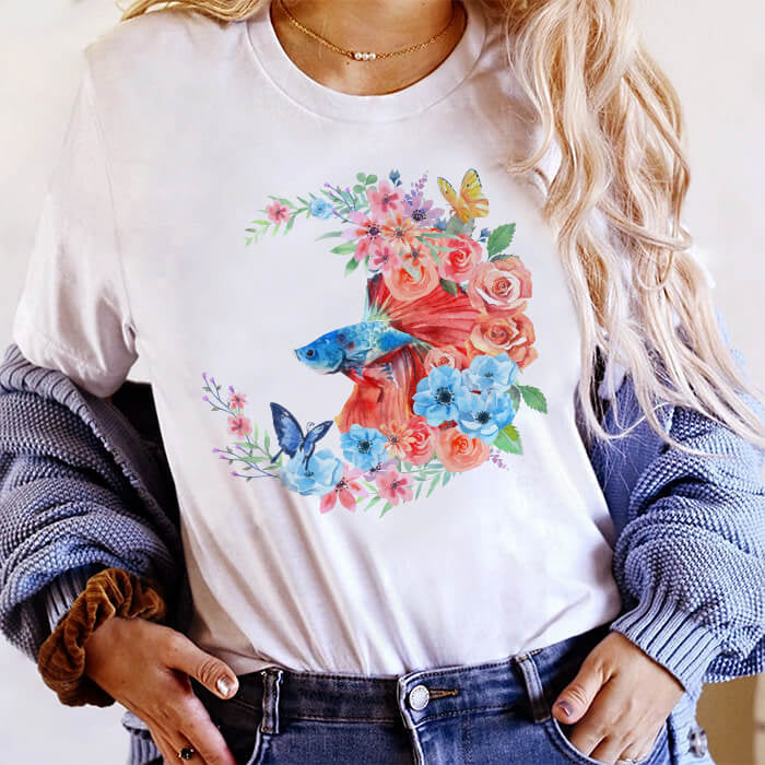 Tricou Dama Alb Fish Flowers