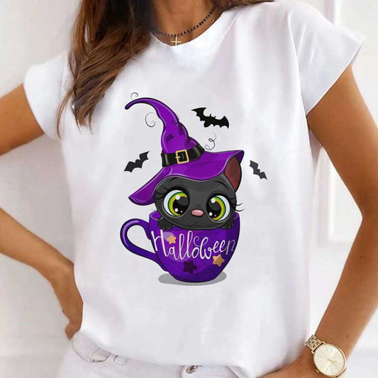 Tricou Dama Alb Halloween Cat