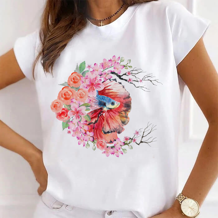 Tricou Dama Alb Watercolor Fish Flowers