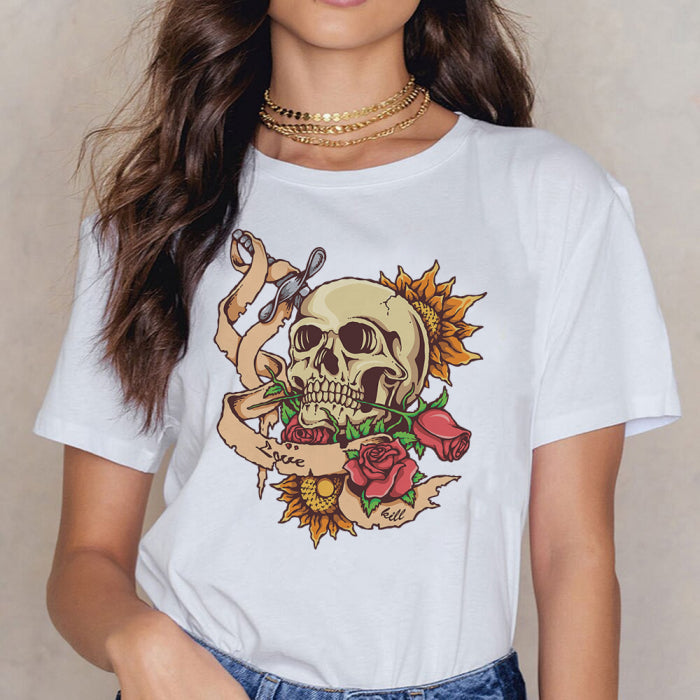 Tricou Dama Alb Skull With Rose