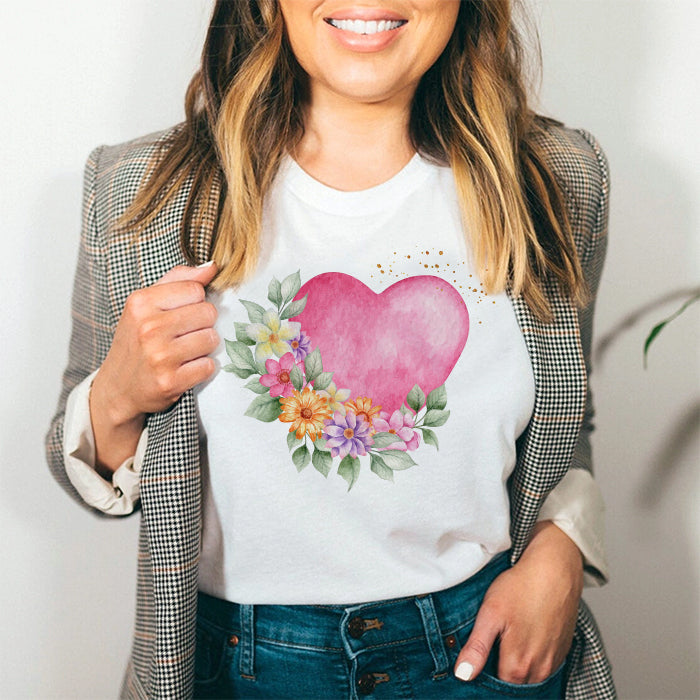 Tricou Dama Alb Pink Heart Flowers