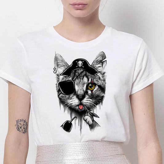 Tricou Dama Alb Pirate Cat