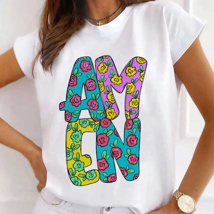 Tricou Dama Alb Amen Flowers