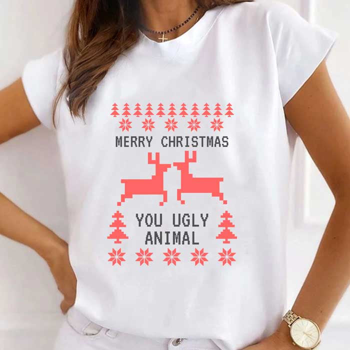 Tricou Dama Alb Merry Christmas Animal