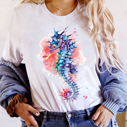 Tricou Dama Alb Seahorse Watercolor