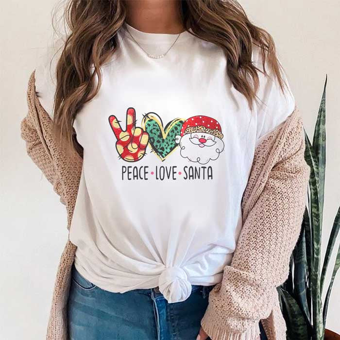 Tricou Dama Alb Peace Love Santa