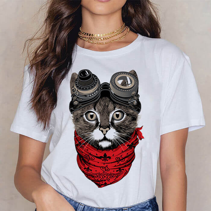 Tricou Dama Alb Steampunk Cat