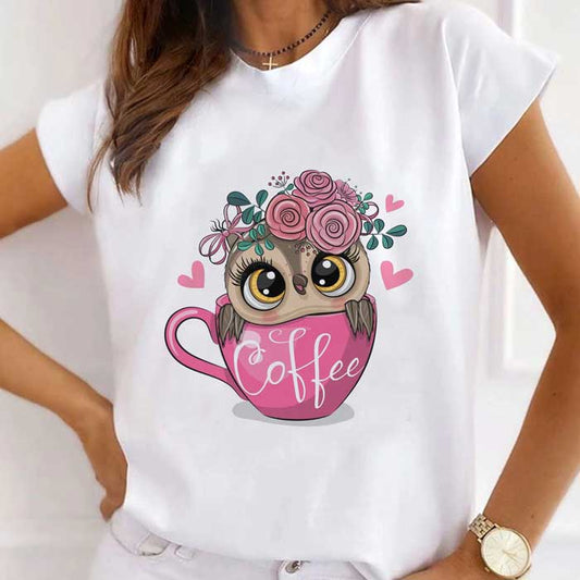 Tricou Dama Alb Pink Coffee Owl