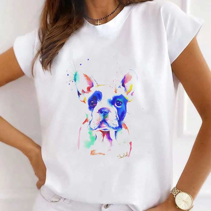 Watercolor Dog Printed White T-Shirt