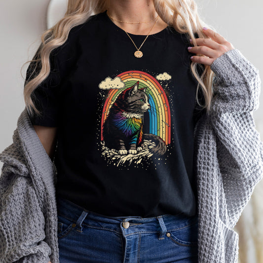 Tricou Dama Negru Rainbow Cat